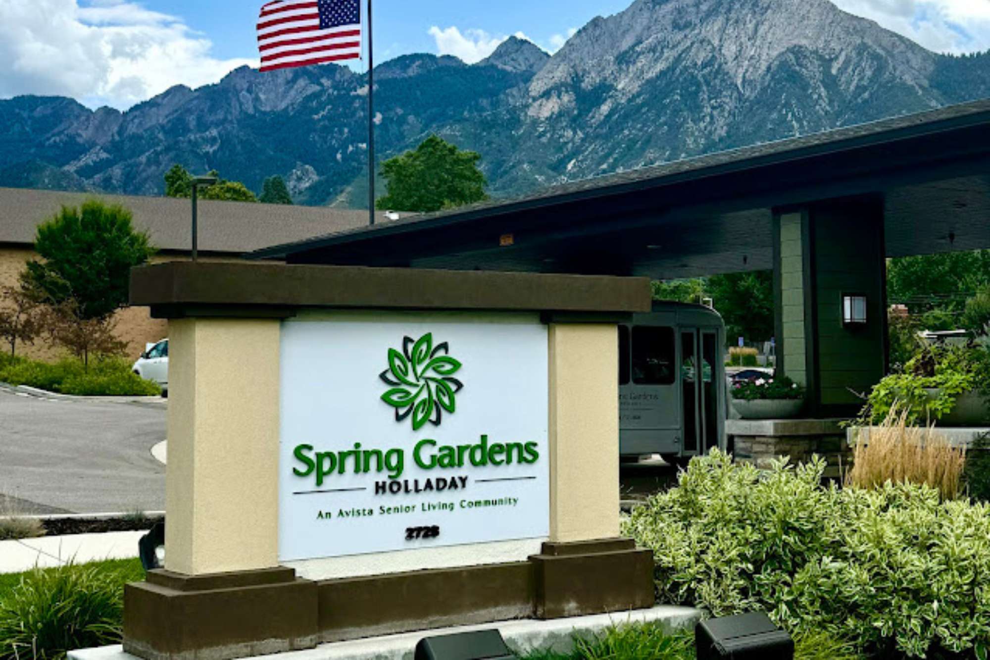 View of the Front of Spring Gardens in Holladay and its sign